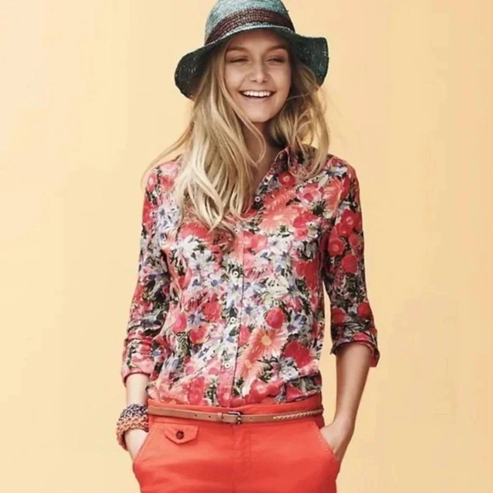 HD in Paris Anthropologie Down Shirt Cotton floral Blouse Sz 2